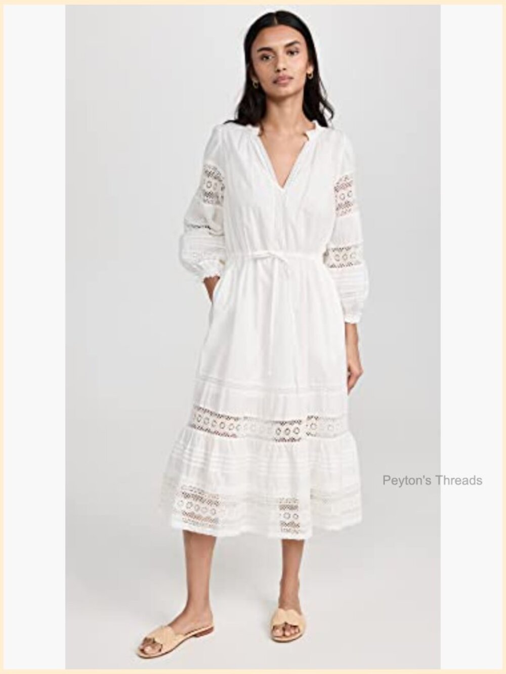 Cotton Lace V-Neck Long Sleeve Midi Dress Pull On - Picture 2 of 6